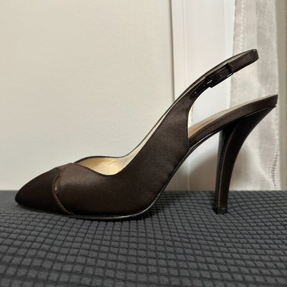 Stuart Weitzman Chocolate Brown Satin Peep-Toe Slingback Heels Size 9 - Picture 7 of 14